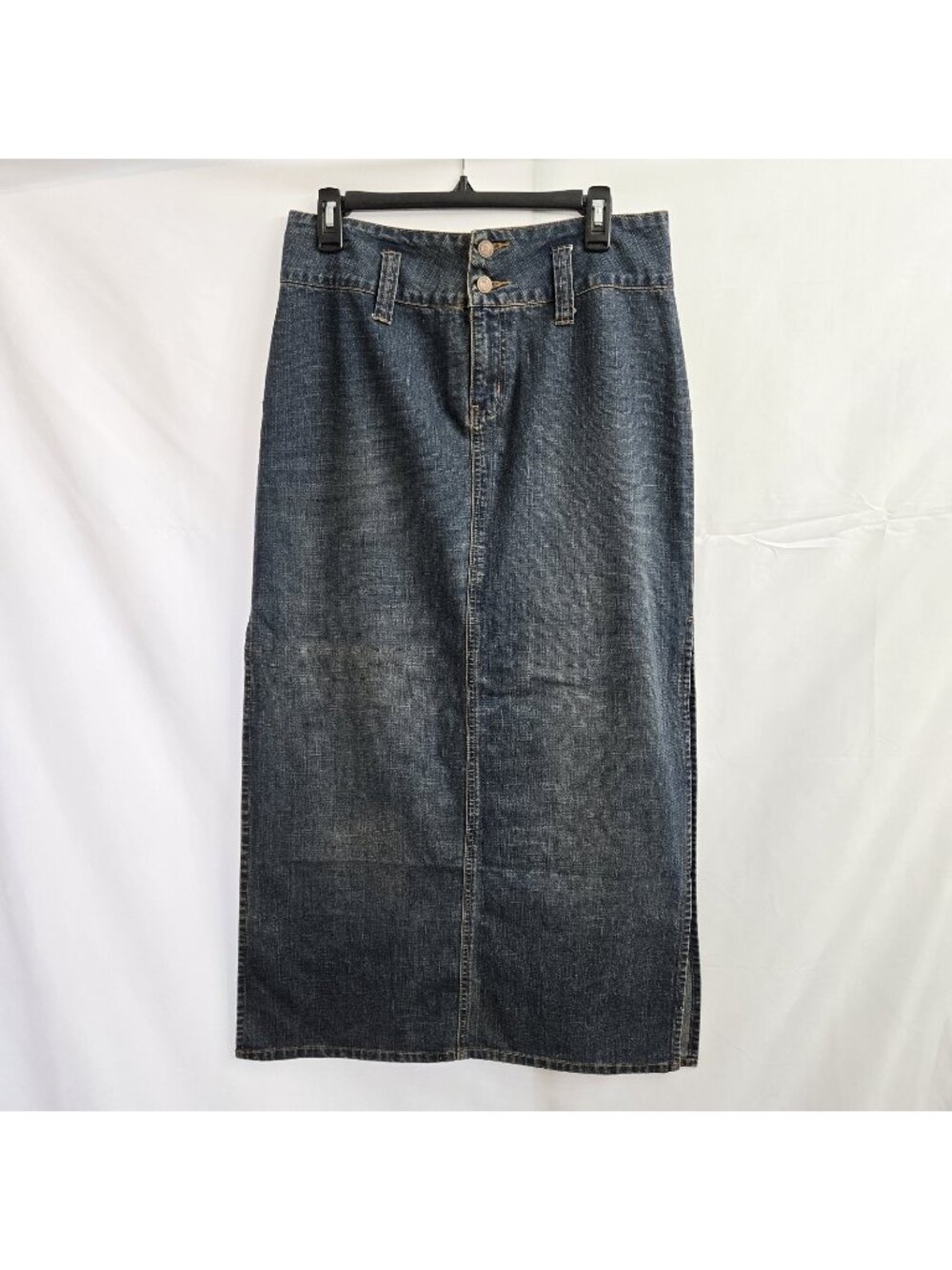 90s No Boundaries Dark Wash Stretch Denim Maxi Skirt Side Slit Juniors Size 11